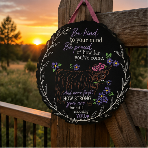 Inspirational Highland Cow Sign | Mental Health Awareness Decor | Be Kind to Your Mind Wooden Plaque | Positive Affirmation Gift | Rustic Farmhouse Decor
