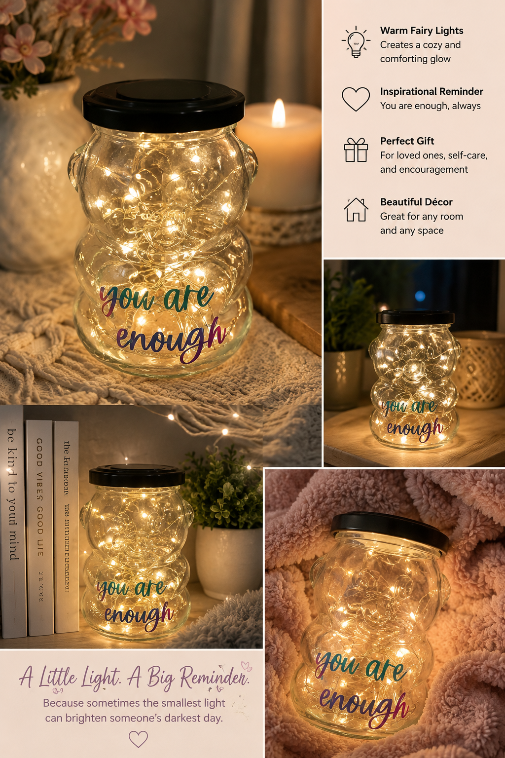You Are Enough” Inspirational Bear Light Jar 💜✨