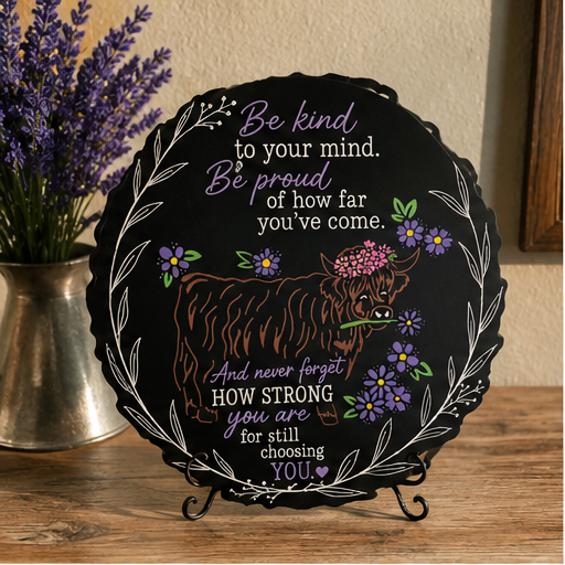 Inspirational Highland Cow Sign | Mental Health Awareness Decor | Be Kind to Your Mind Wooden Plaque | Positive Affirmation Gift | Rustic Farmhouse Decor