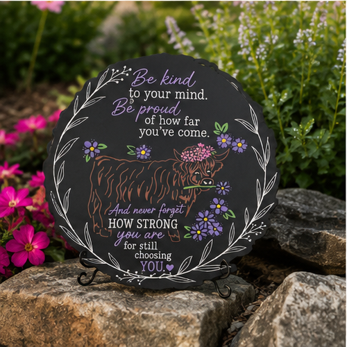 Inspirational Highland Cow Sign | Mental Health Awareness Decor | Be Kind to Your Mind Wooden Plaque | Positive Affirmation Gift | Rustic Farmhouse Decor