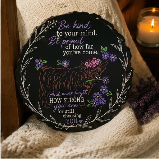 Inspirational Highland Cow Sign | Mental Health Awareness Decor | Be Kind to Your Mind Wooden Plaque | Positive Affirmation Gift | Rustic Farmhouse Decor