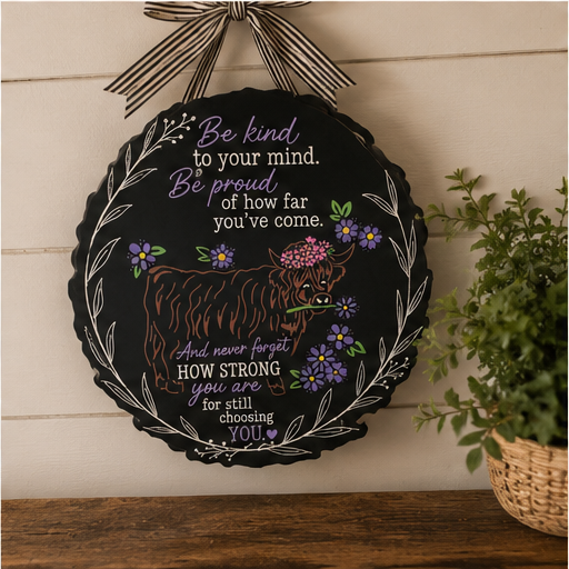 Inspirational Highland Cow Sign | Mental Health Awareness Decor | Be Kind to Your Mind Wooden Plaque | Positive Affirmation Gift | Rustic Farmhouse Decor
