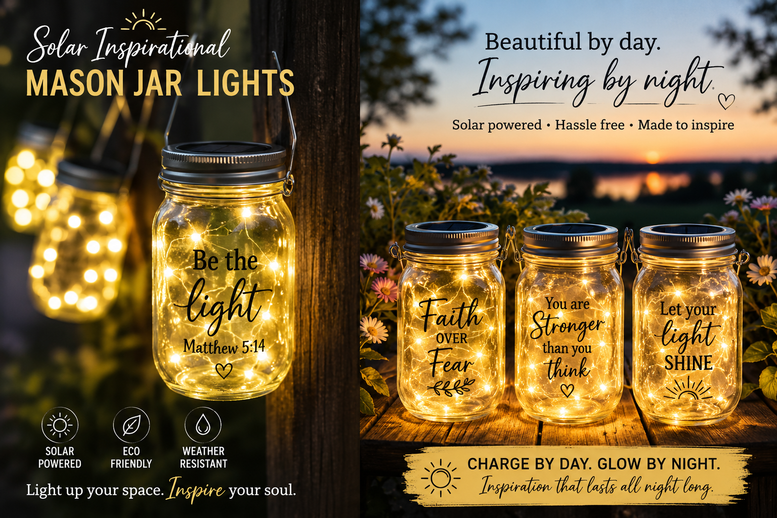 Mason Jar Lights - Solar Powered with Inspirational Messages